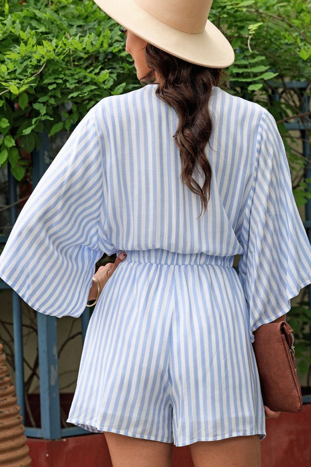 Bow Striped Kimono Sleeve Romper with Tie.