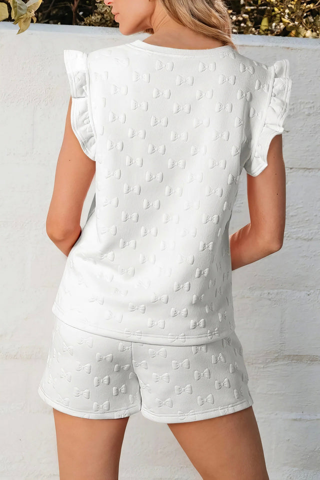 Bow texture round neck top and shorts set, women's ruffled two-piece outfit, slightly stretchy summer set, polyester elastane blend, comfortable casual wear, textured fabric top, matching shorts, trendy ruffled details, ideal for everyday style