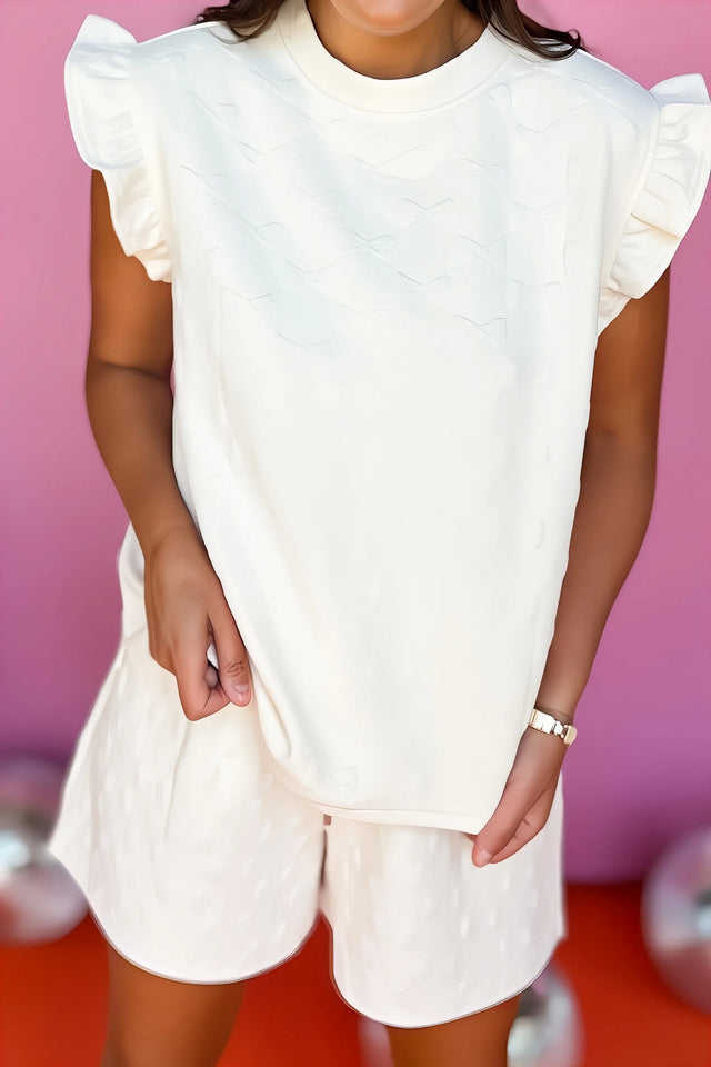 Bow texture round neck top and shorts set, women's ruffled two-piece outfit, slightly stretchy summer set, polyester elastane blend, comfortable casual wear, textured fabric top, matching shorts, trendy ruffled details, ideal for everyday style