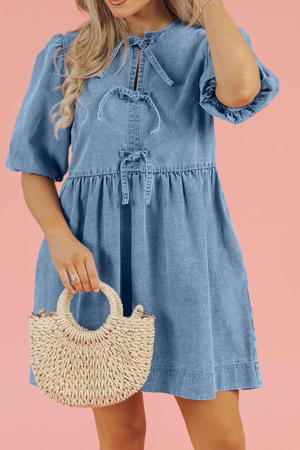 Bowknot Round Neck Half Sleeve Denim Dress.
