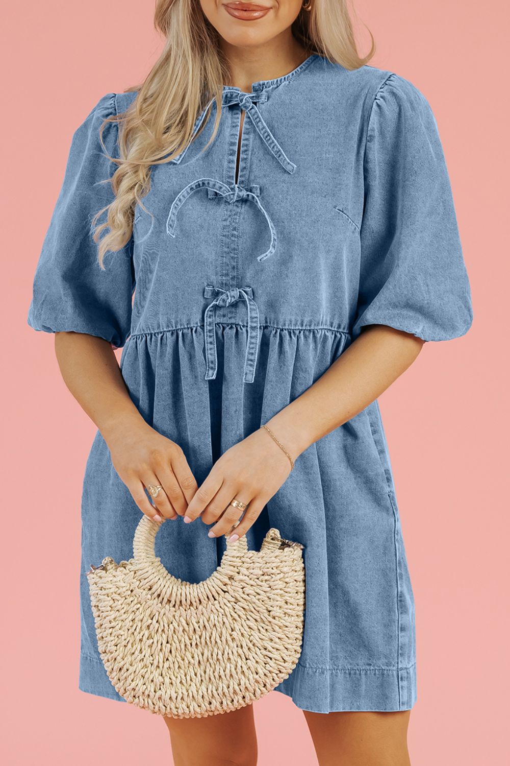Bowknot Round Neck Half Sleeve Denim Dress.