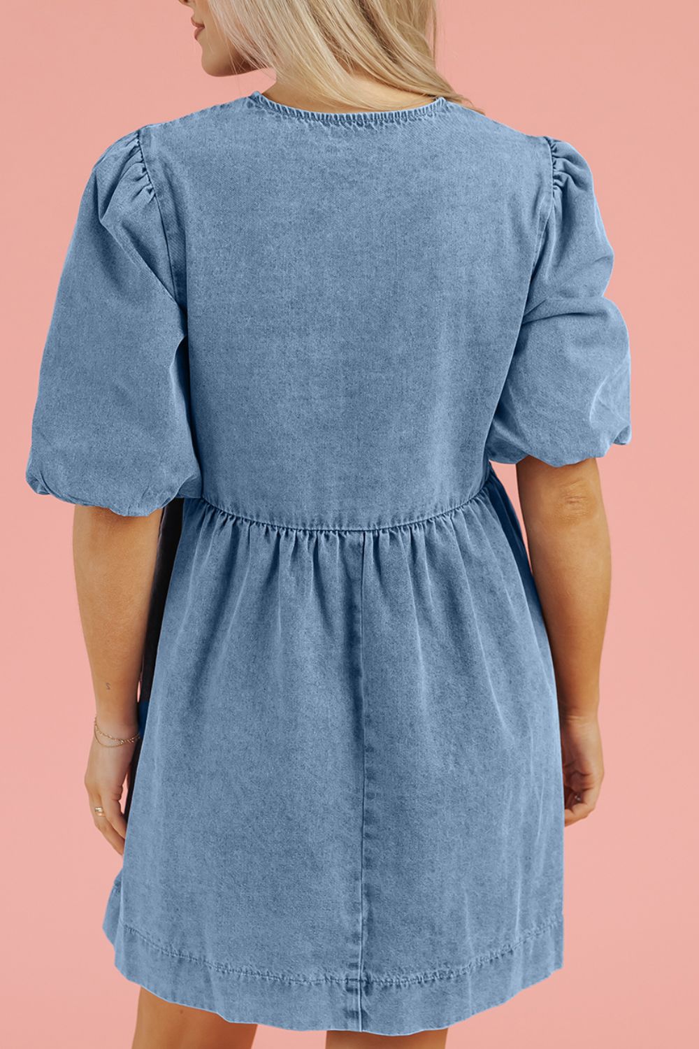 Bowknot Round Neck Half Sleeve Denim Dress.