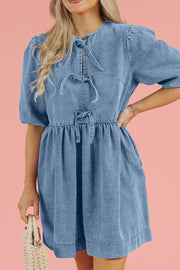 Bowknot Round Neck Half Sleeve Denim Dress.