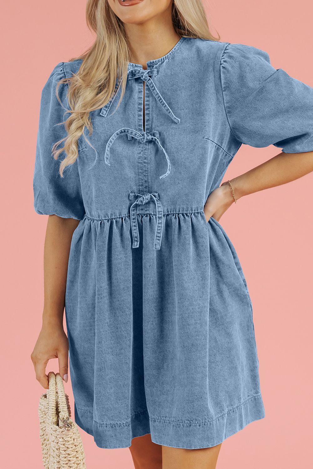 Bowknot Round Neck Half Sleeve Denim Dress.