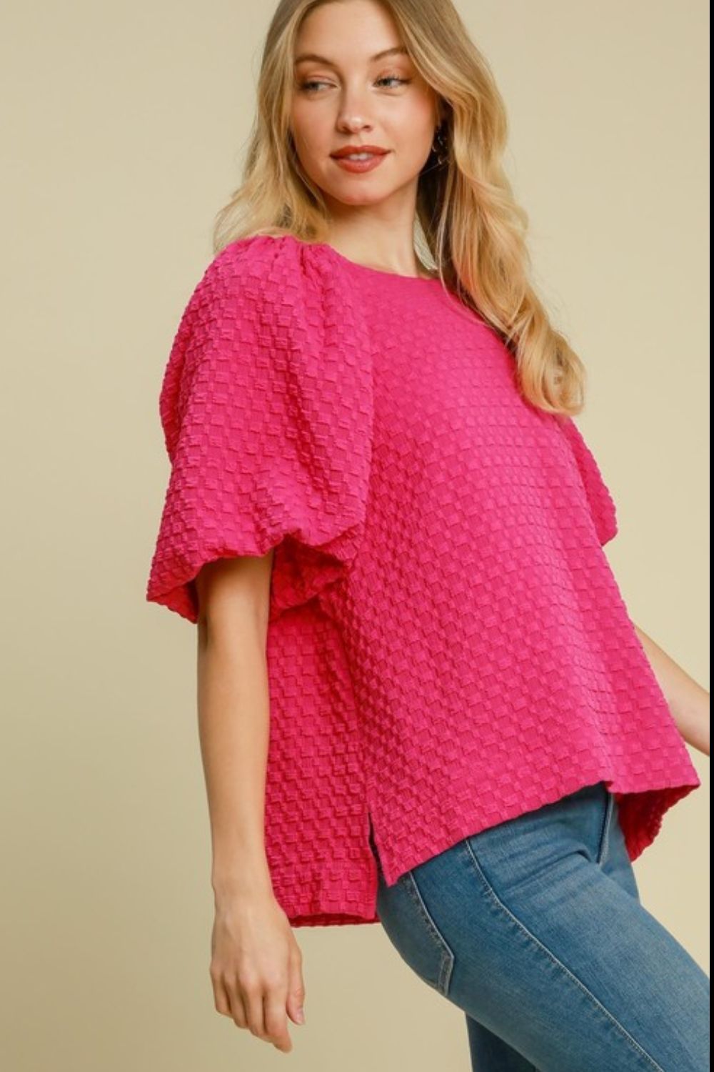 Umgee full size boxy cut jacquard round neck top with side slit, plus size.