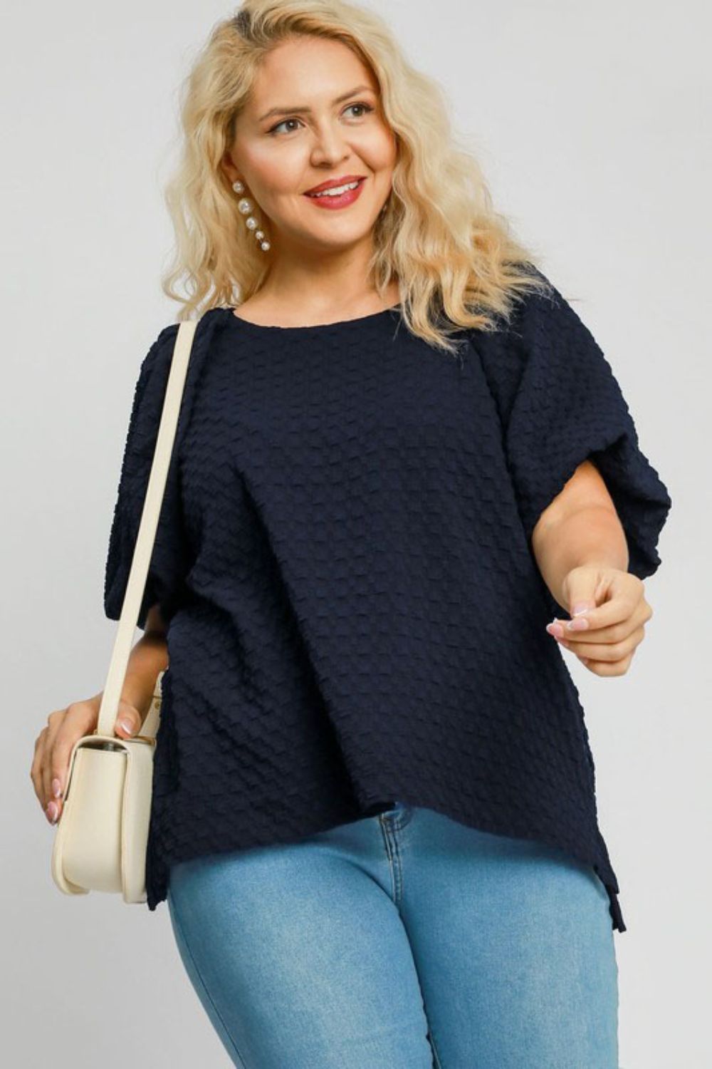 Umgee full size boxy cut jacquard round neck top with side slit, plus size.