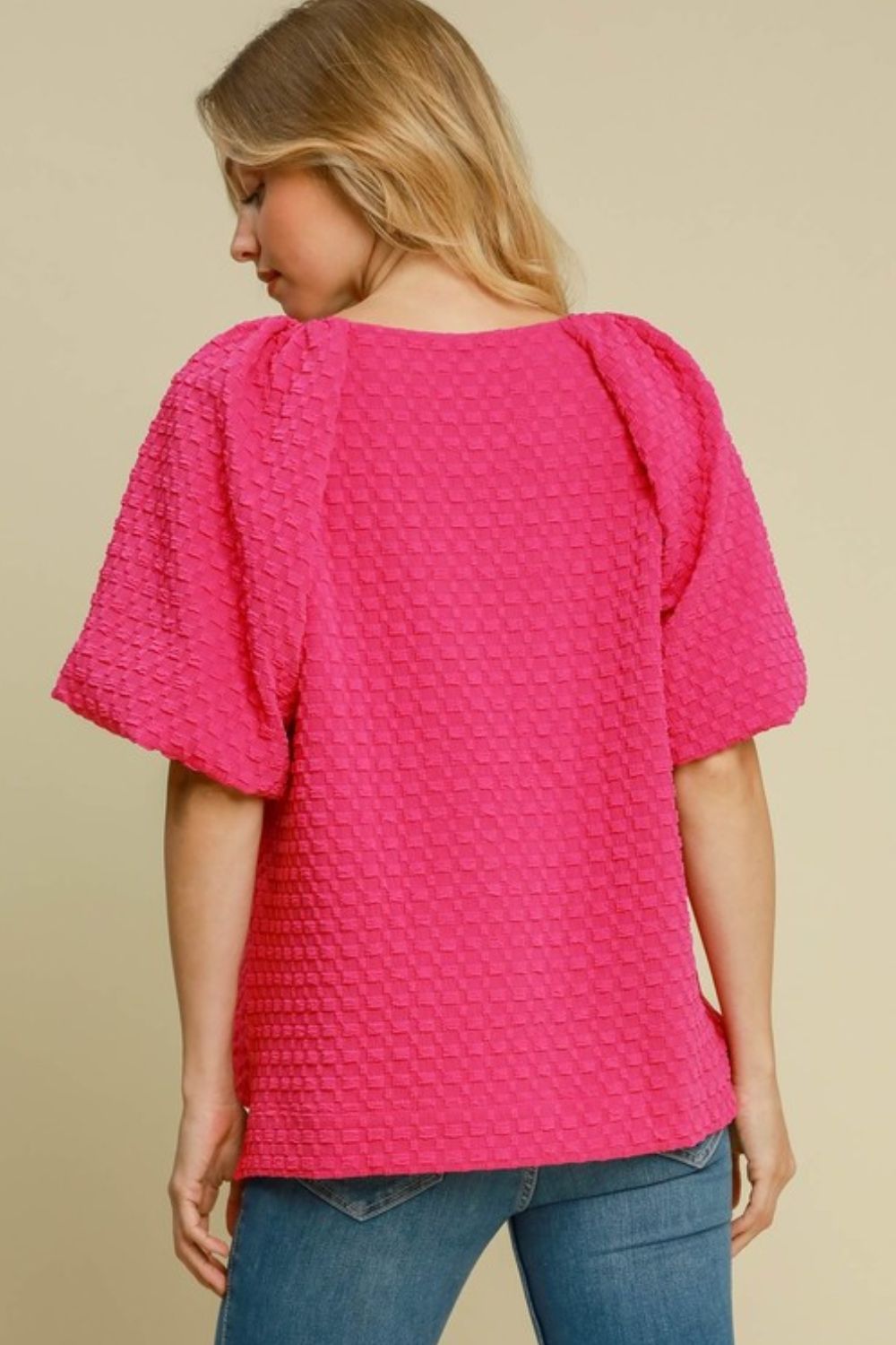 Umgee full size boxy cut jacquard round neck top with side slit, plus size.