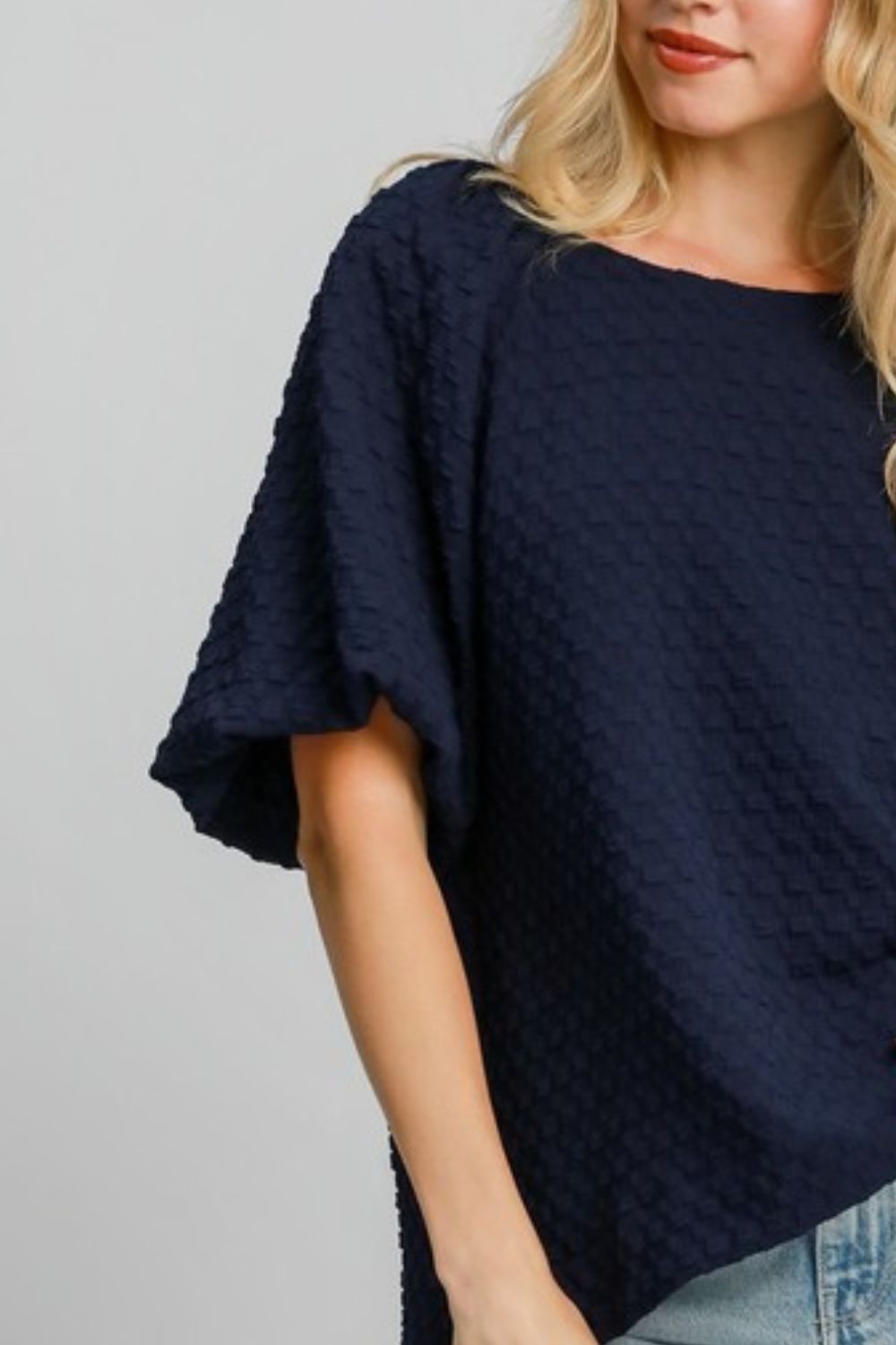 Umgee full size boxy cut jacquard round neck top with side slit, plus size.