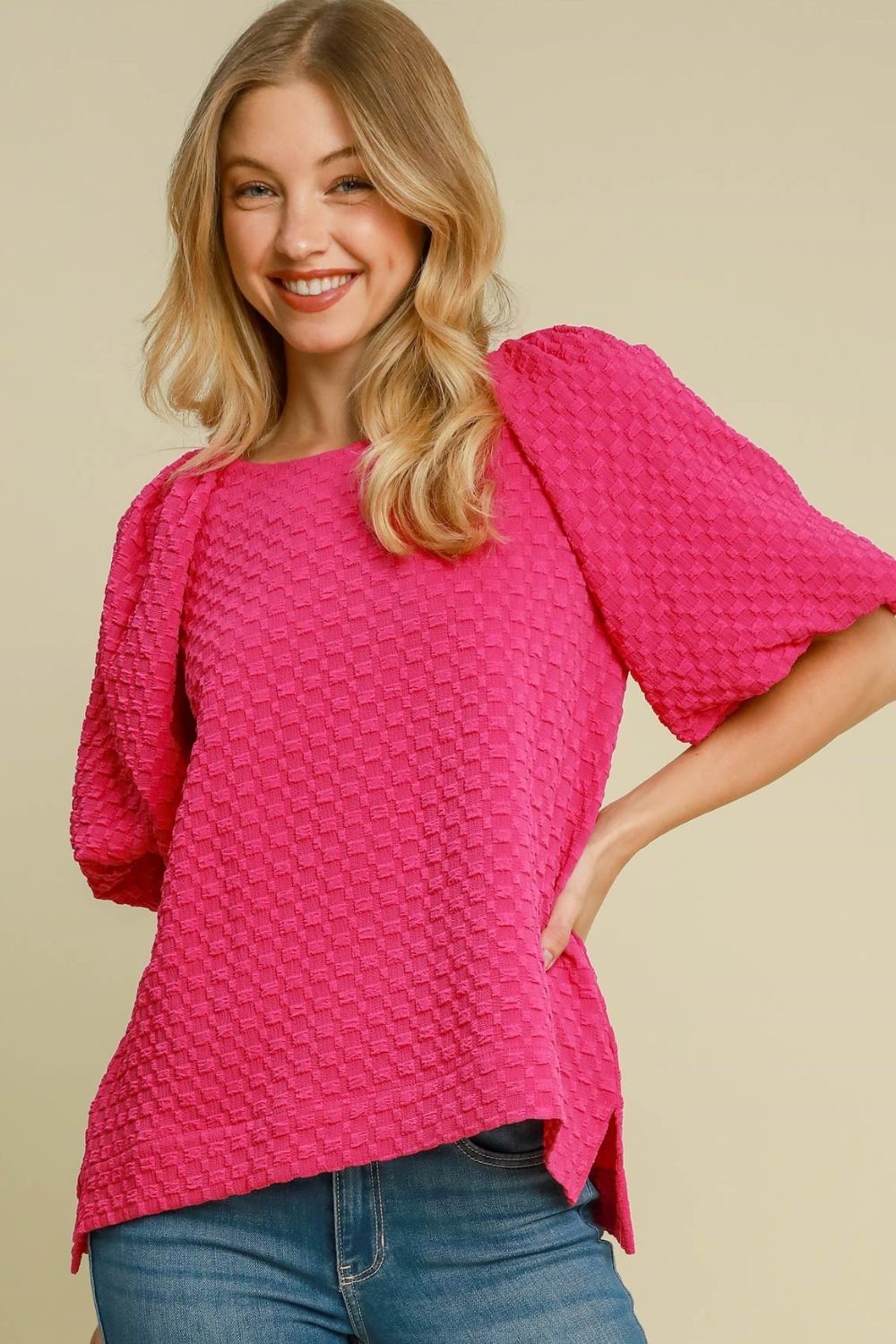 Umgee full size boxy cut jacquard round neck top with side slit, plus size.
