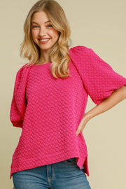 Umgee full size boxy cut jacquard round neck top with side slit, plus size.