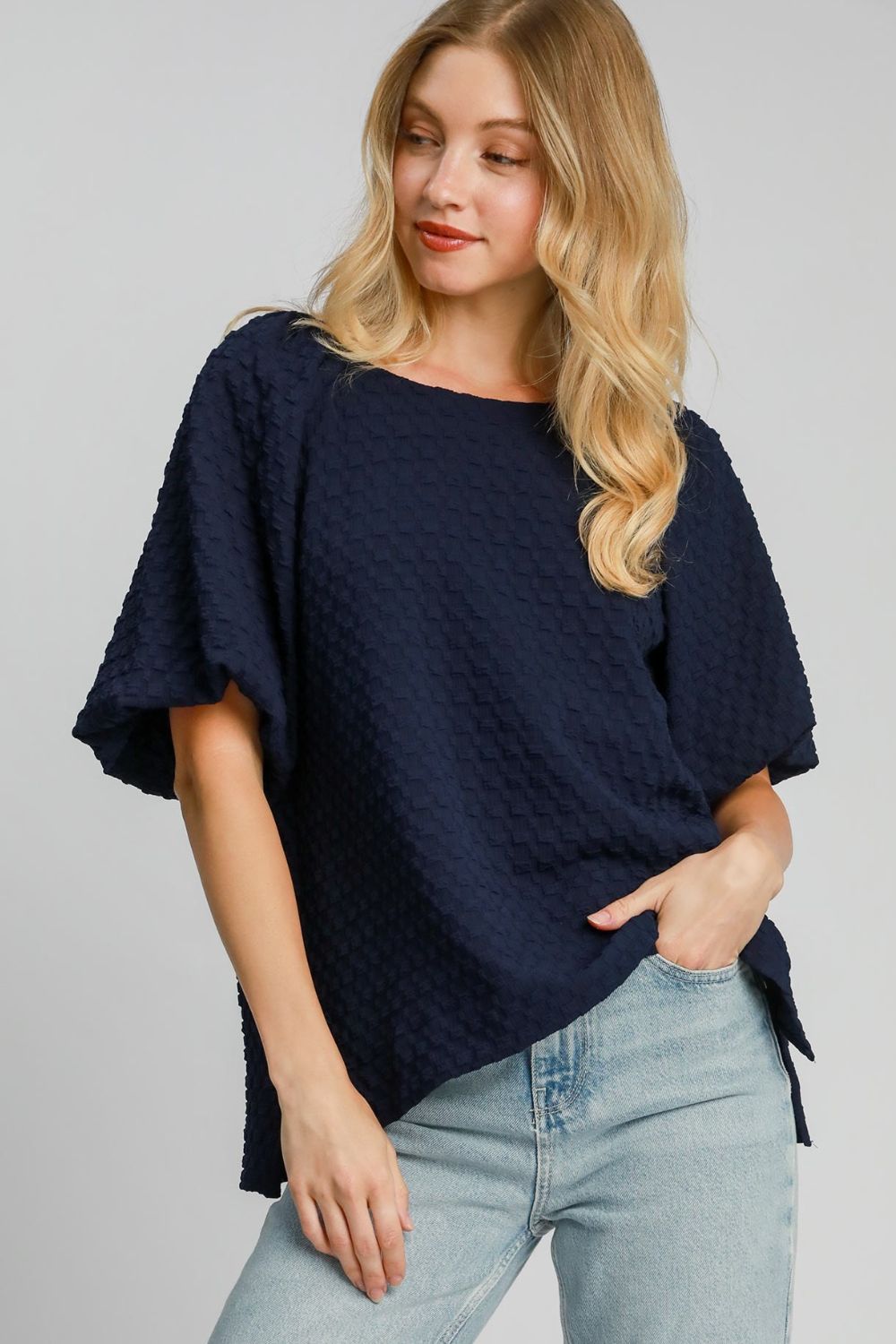 Umgee full size boxy cut jacquard round neck top with side slit, plus size.