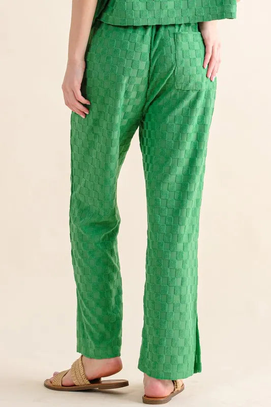 Brushed texture checkerboard pattern casual pants with slit.