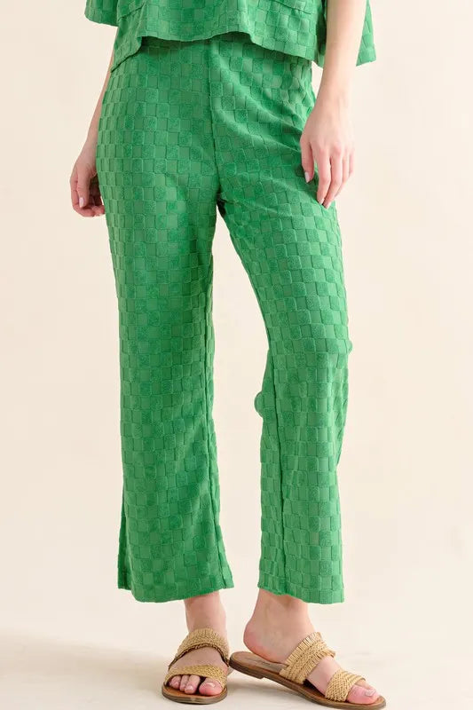Brushed texture checkerboard pattern casual pants with slit.