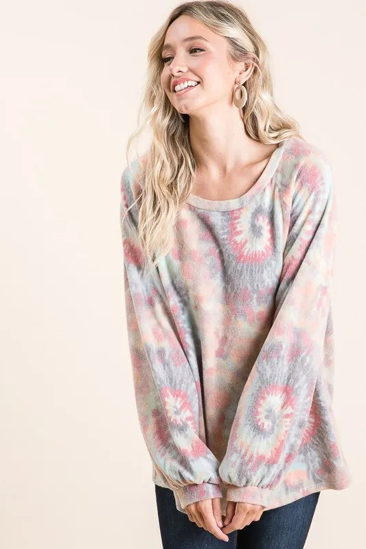Bibi Brushed Tie Dye Print Top with Puff Sleeves.