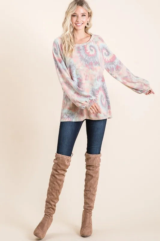 Bibi Brushed Tie Dye Print Top with Puff Sleeves.