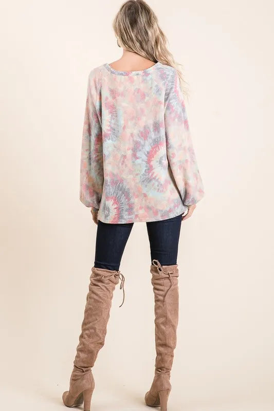 Bibi Brushed Tie Dye Print Top with Puff Sleeves.