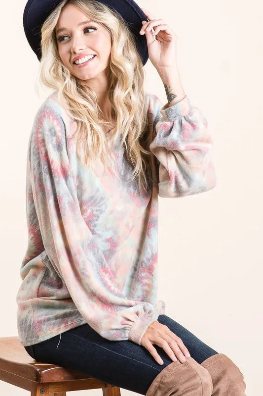 Bibi Brushed Tie Dye Print Top with Puff Sleeves.