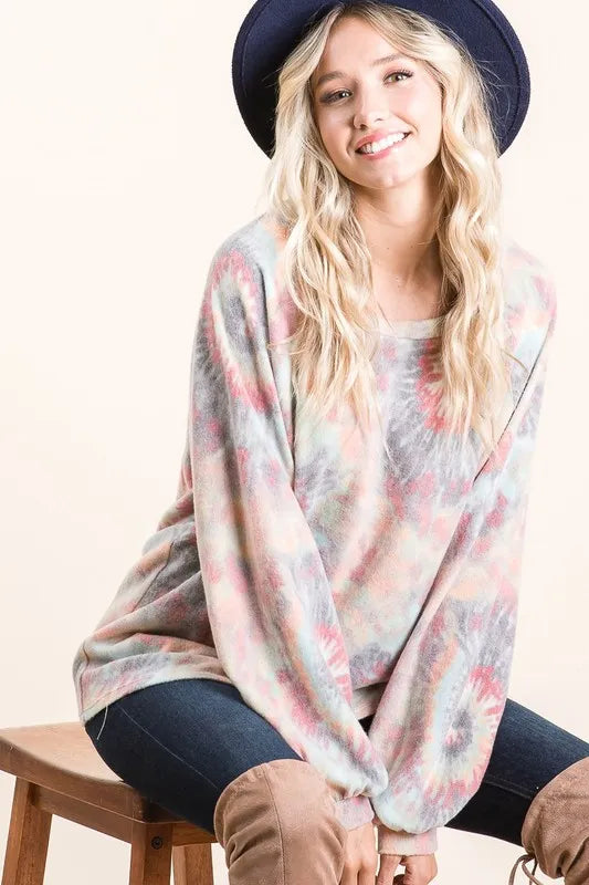 Bibi Brushed Tie Dye Print Top with Puff Sleeves.