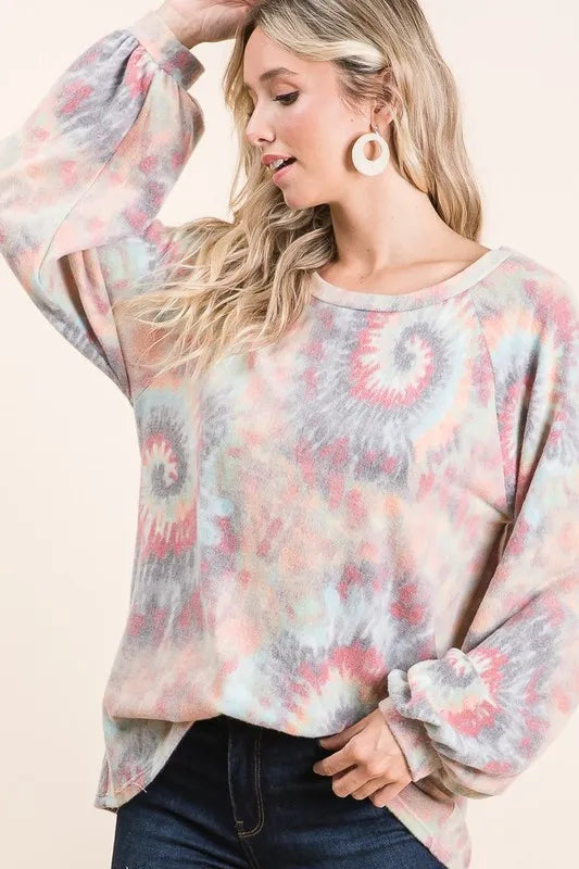 Bibi Brushed Tie Dye Print Top with Puff Sleeves.