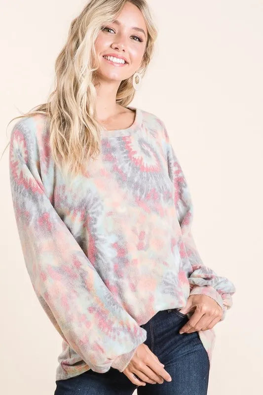 Bibi Brushed Tie Dye Print Top with Puff Sleeves.