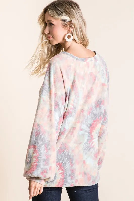 Bibi Brushed Tie Dye Print Top with Puff Sleeves.