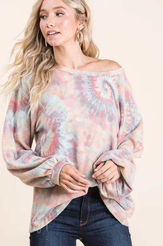 Bibi Brushed Tie Dye Print Top with Puff Sleeves.
