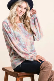 Bibi Brushed Tie Dye Print Top with Puff Sleeves.