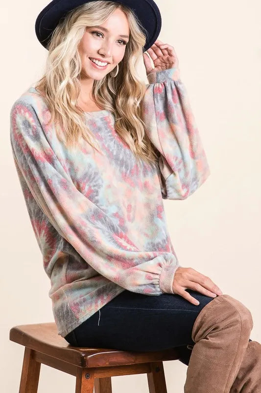 Bibi Brushed Tie Dye Print Top with Puff Sleeves.