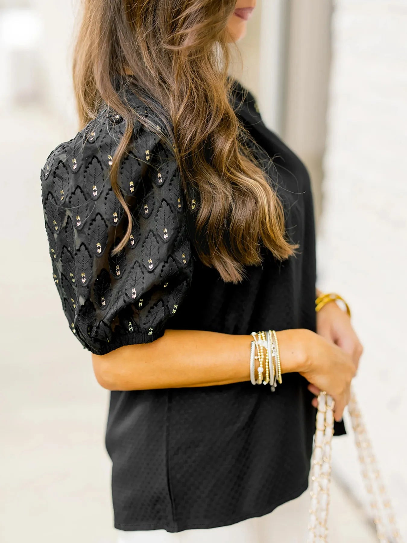 Bubble Sleeve Patchwork Textured Blouse.