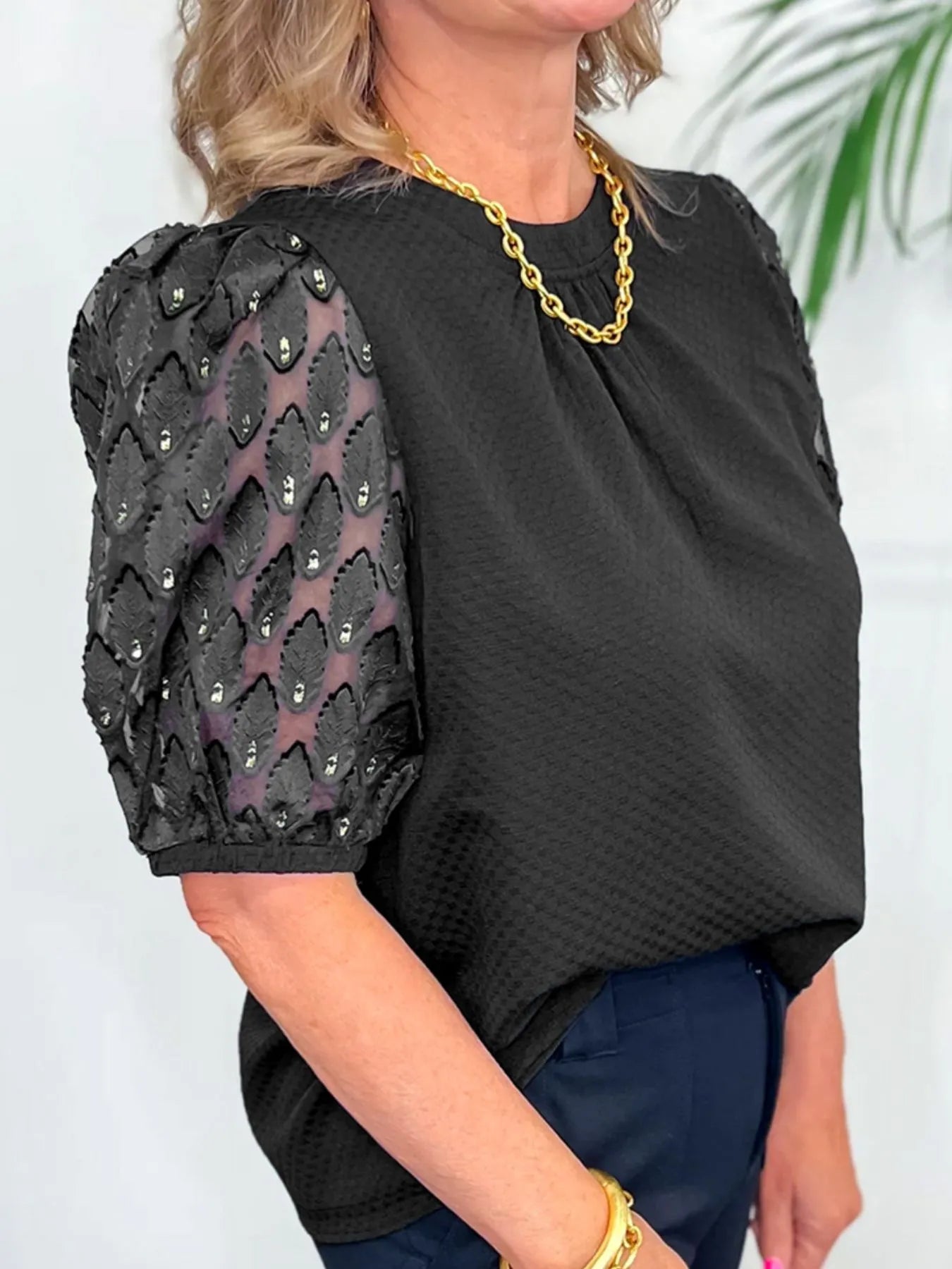 Bubble Sleeve Patchwork Textured Blouse.