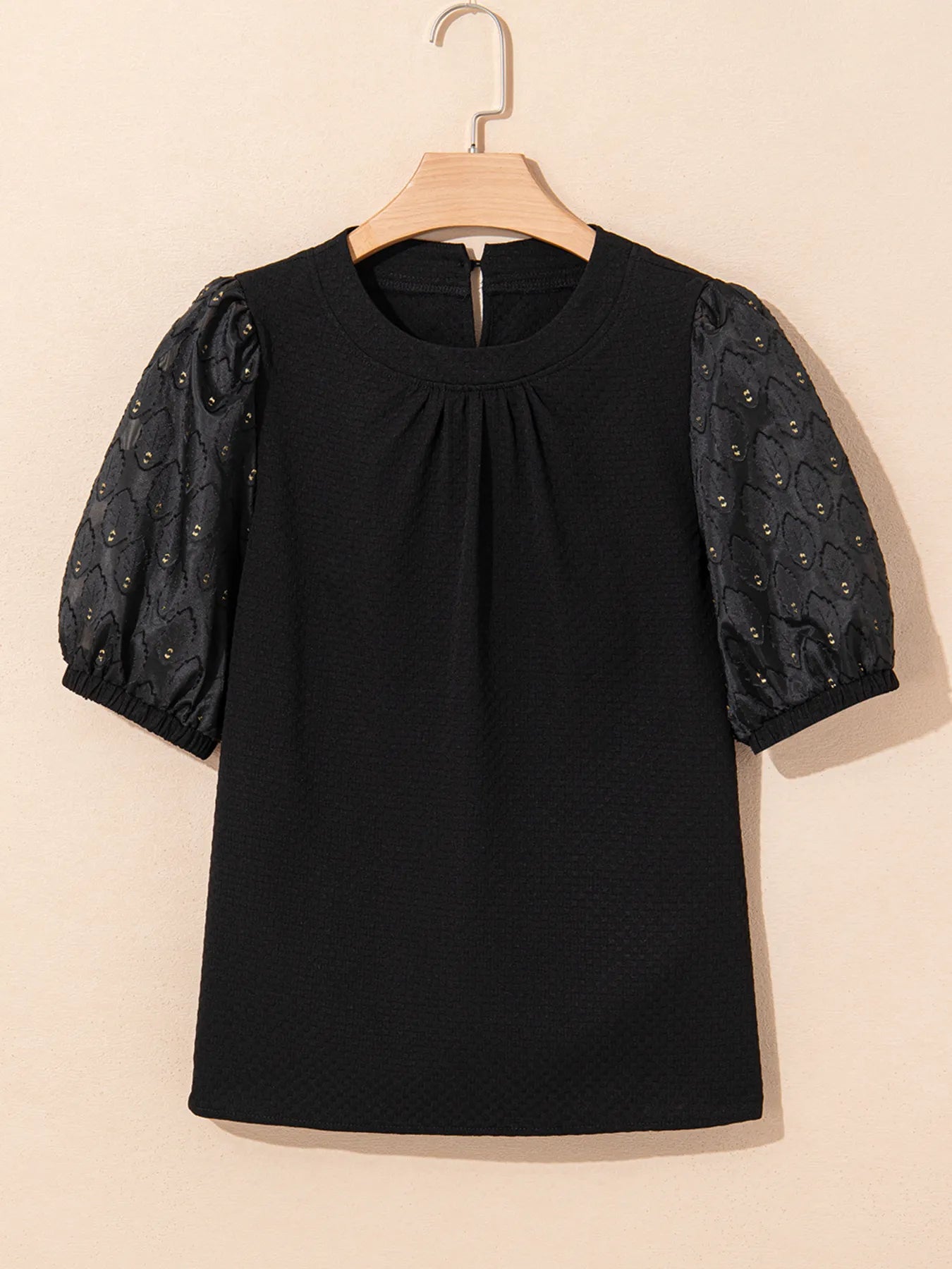 Bubble Sleeve Patchwork Textured Blouse.