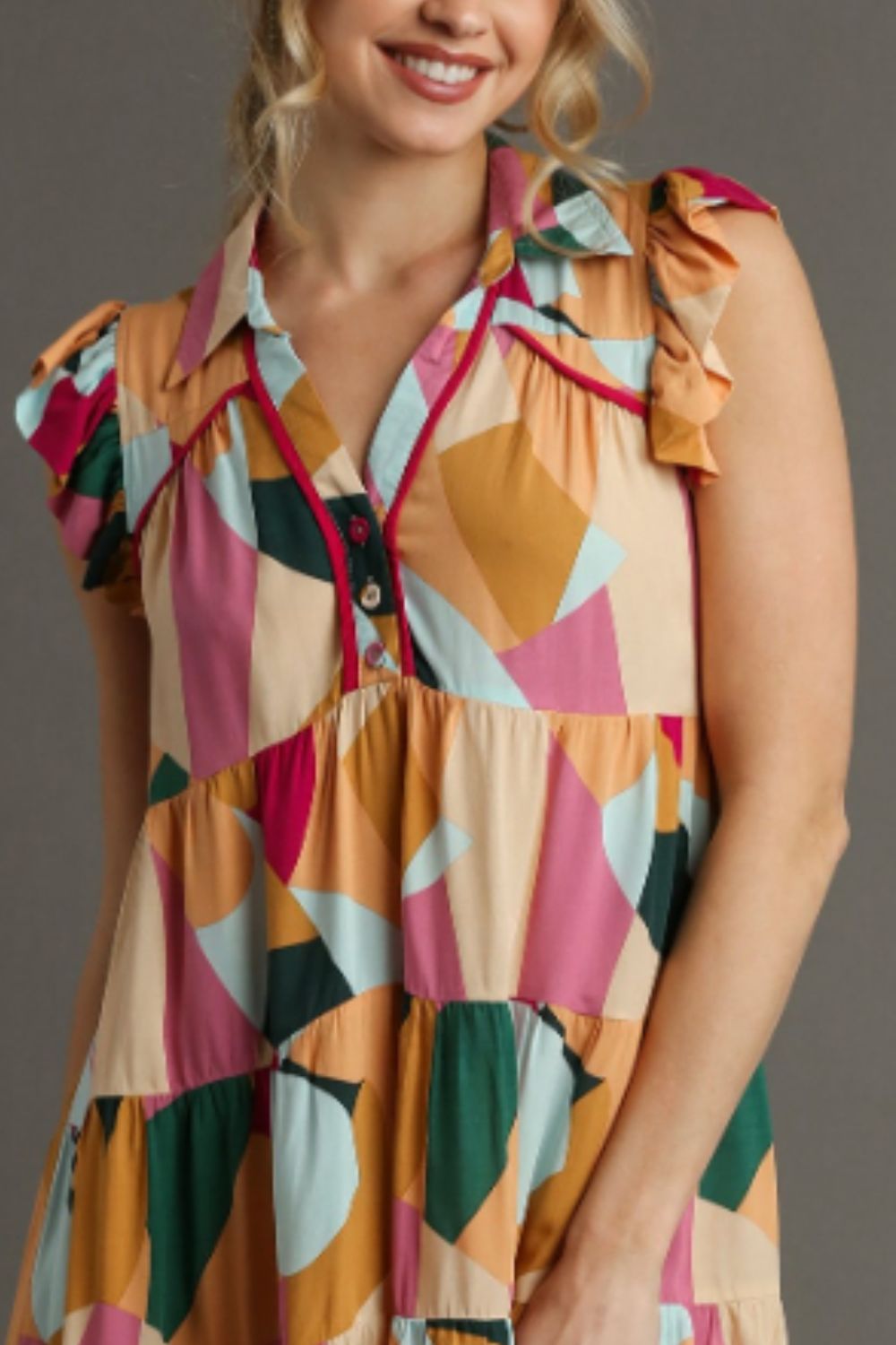 Umgee Plus Size Button Detail Ruffle Sleeve Mini Dress.