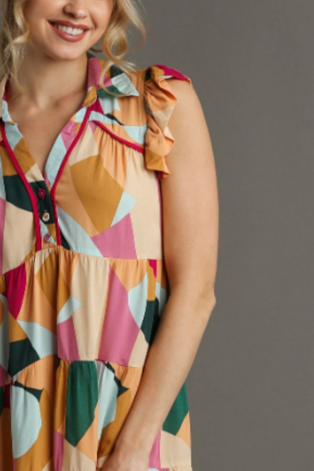 Umgee Plus Size Button Detail Ruffle Sleeve Mini Dress.
