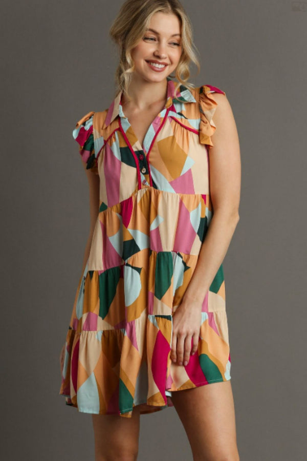 Umgee Plus Size Button Detail Ruffle Sleeve Mini Dress.