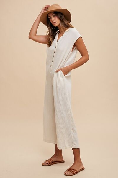 Button Detail Wide Leg Jumpsuit with Pockets.