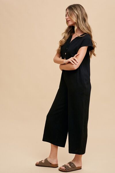 Button Detail Wide Leg Jumpsuit with Pockets.