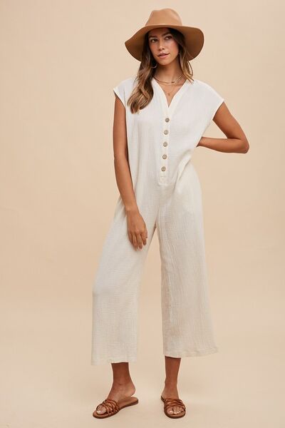 Button Detail Wide Leg Jumpsuit with Pockets.