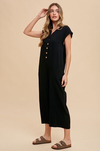 Button Detail Wide Leg Jumpsuit with Pockets.