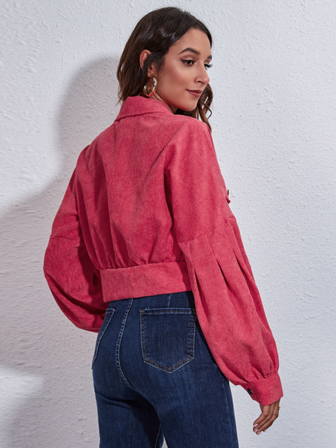 Button down collared neck cropped jacket.