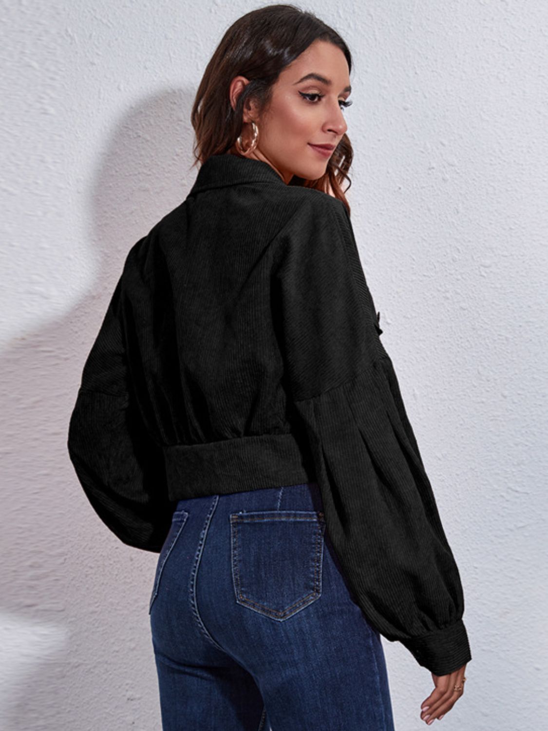 Button down collared neck cropped jacket.