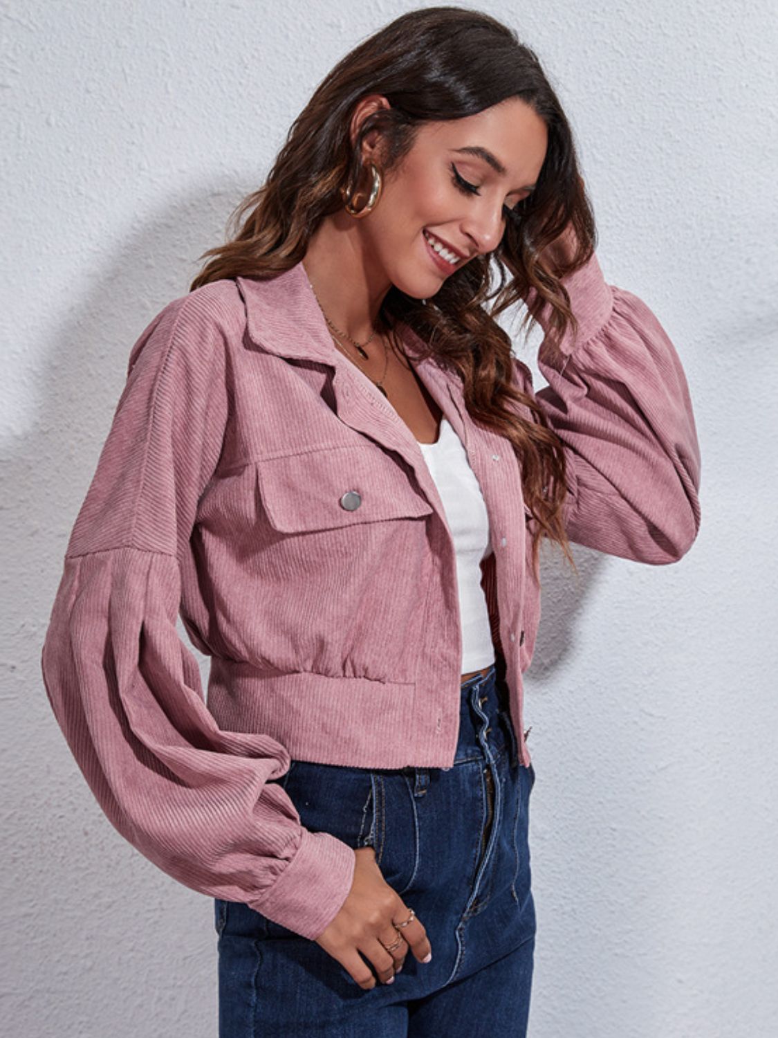 Button down collared neck cropped jacket.