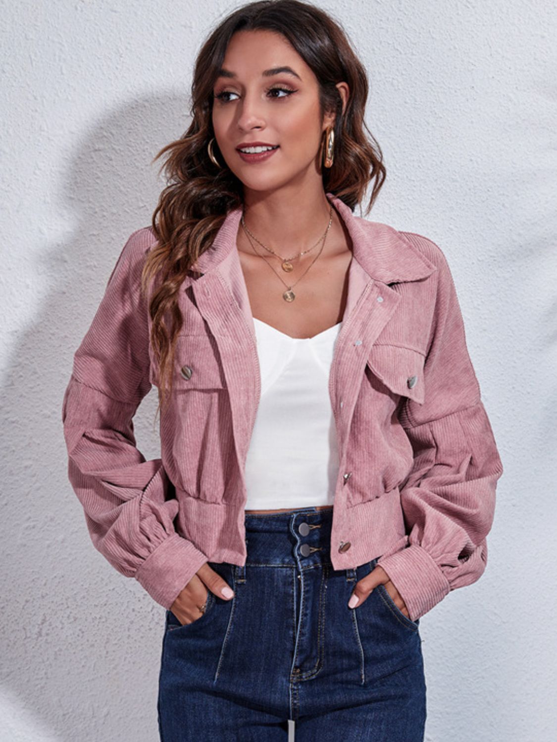 Button down collared neck cropped jacket.
