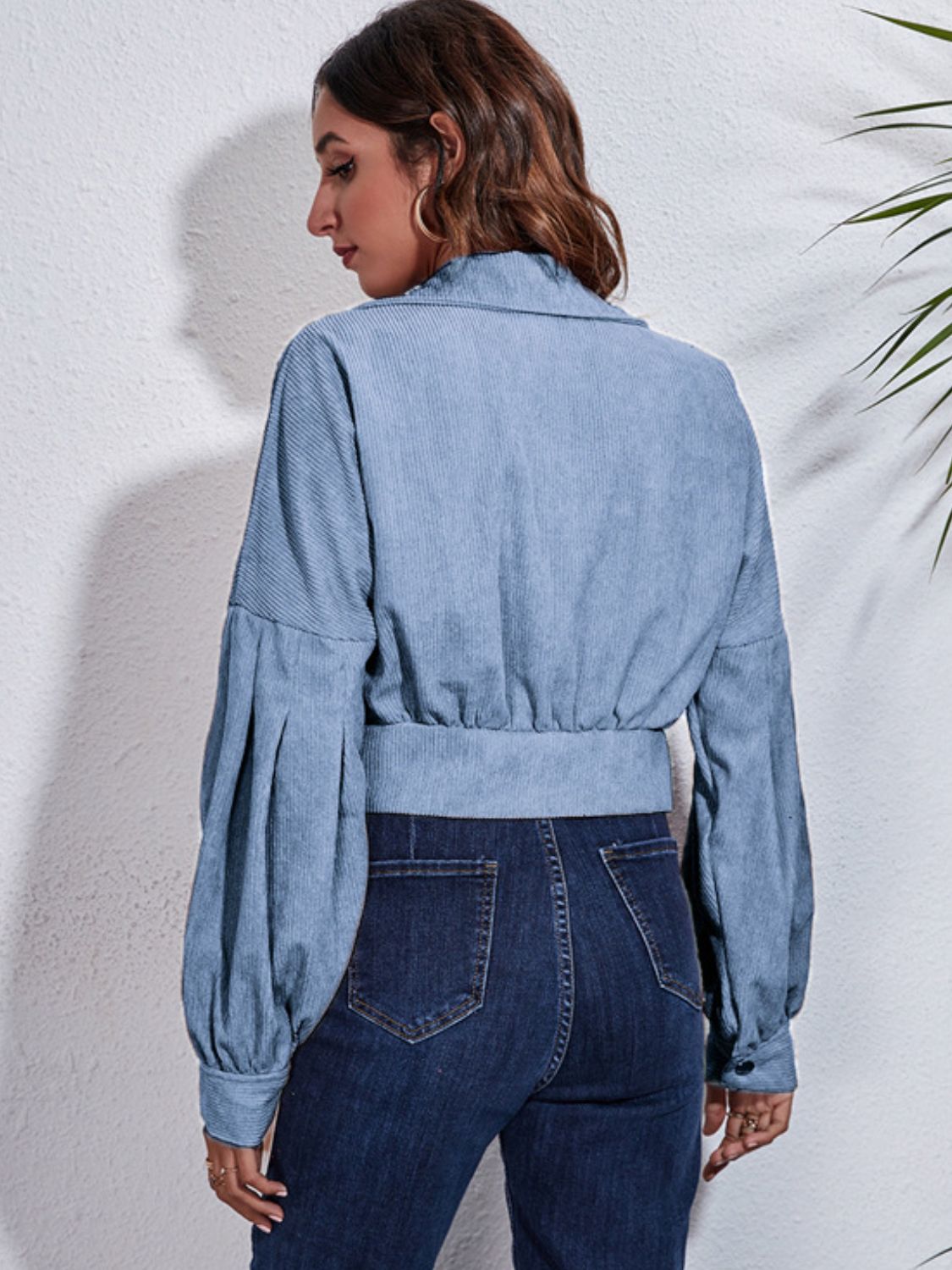Button down collared neck cropped jacket.