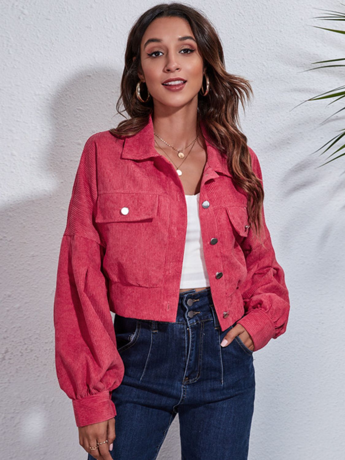 Button down collared neck cropped jacket.