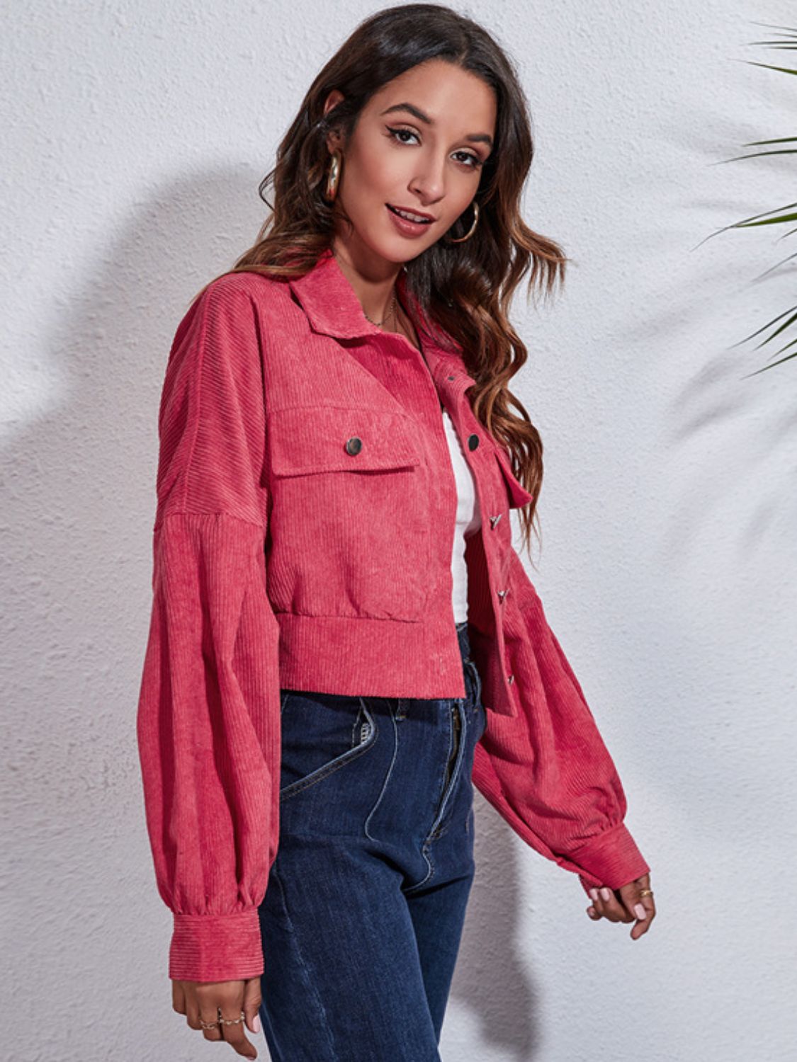 Button down collared neck cropped jacket.