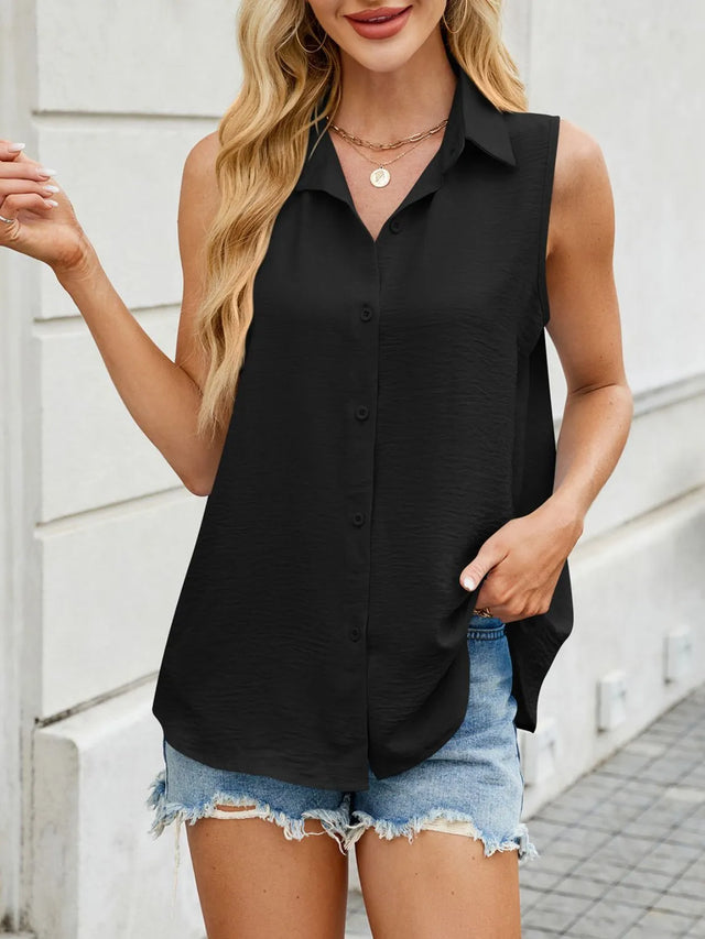 Button down collared neck tank top.