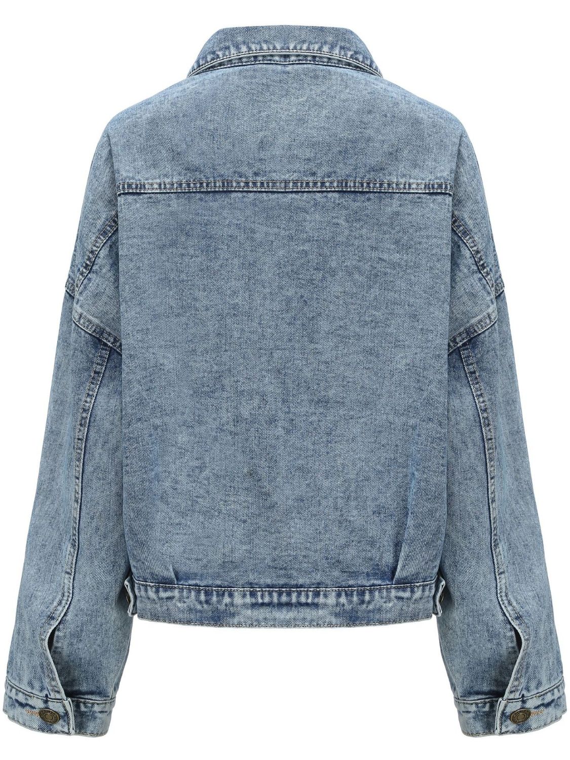 Button down drop shoulder denim jacket with pockets.
