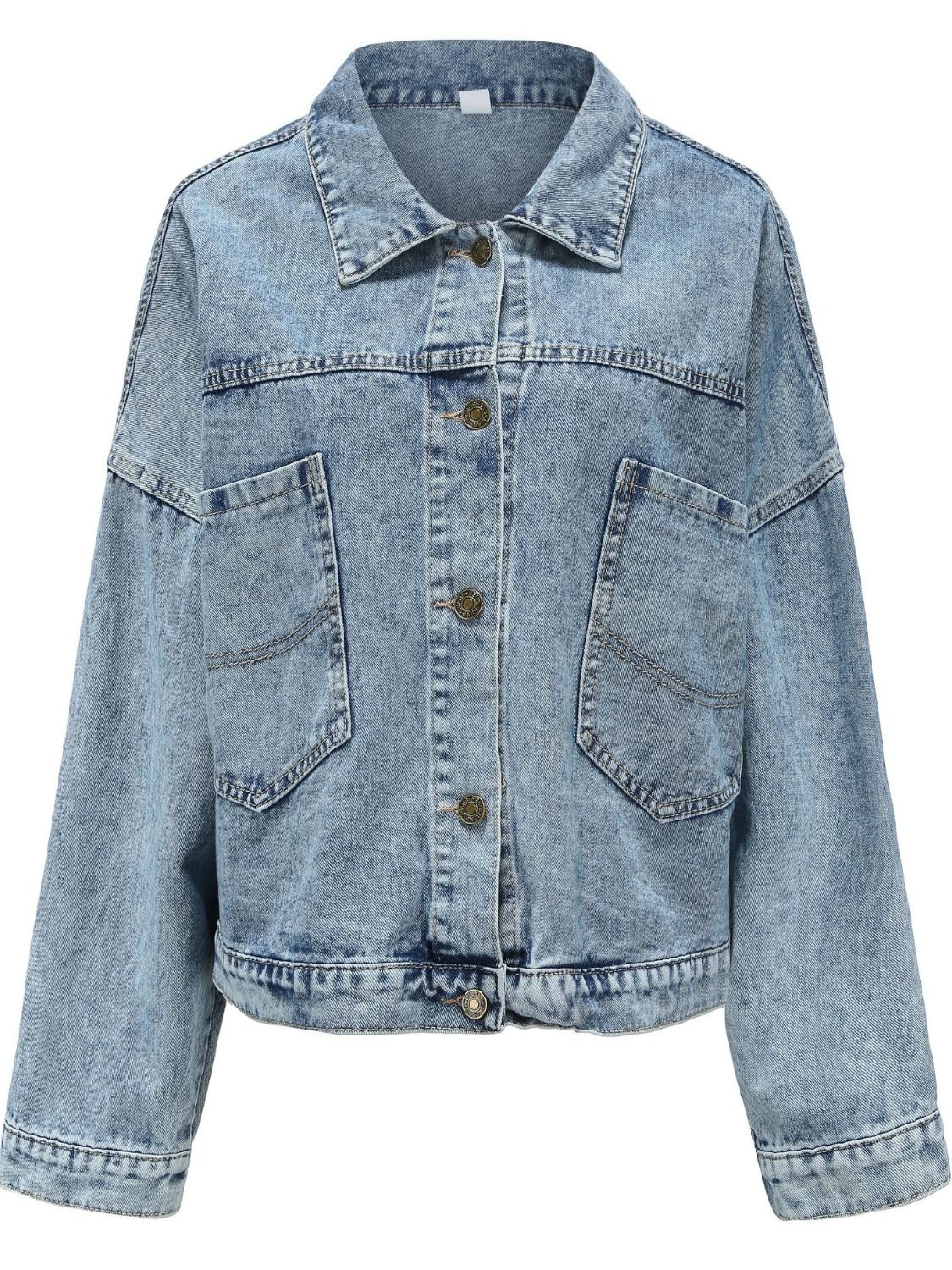 Button down drop shoulder denim jacket with pockets.