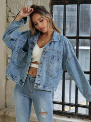 Button down drop shoulder denim jacket with pockets.