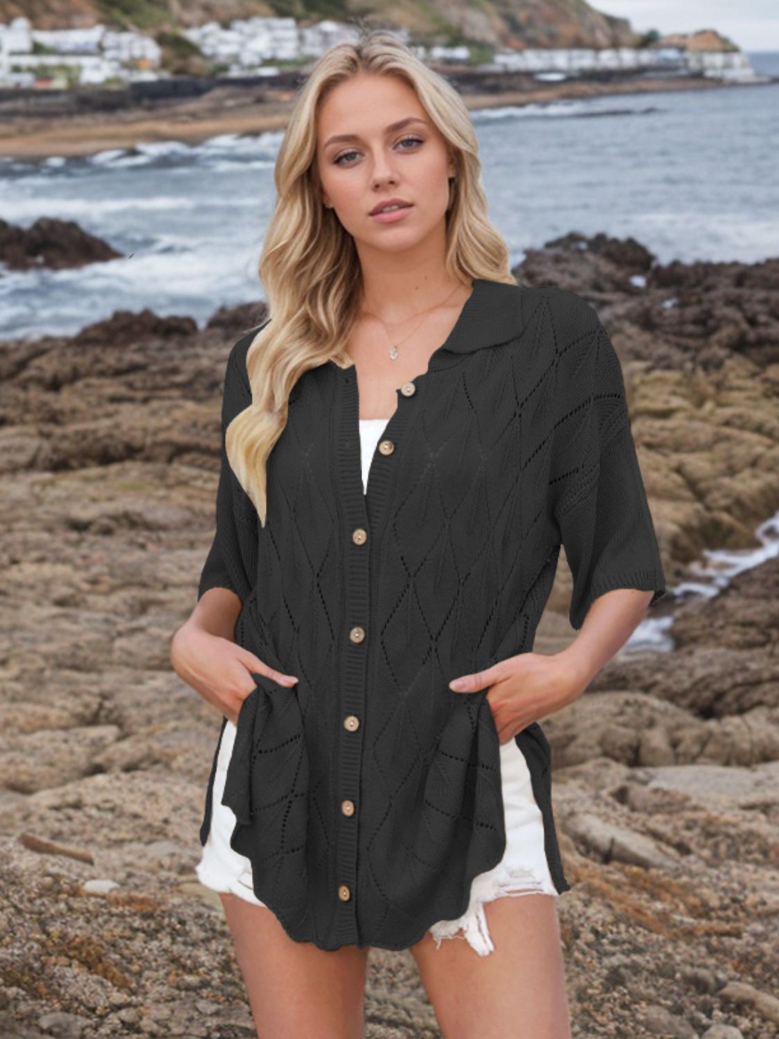 Button down eyelet collared neck knit shirt.